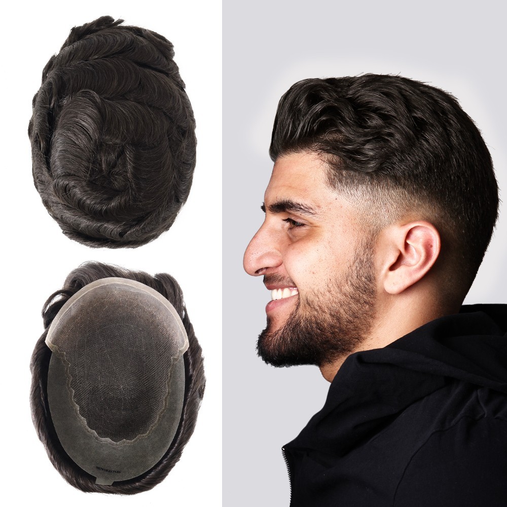 Mens Toupee Human Hair Replacement System Hairpiece Super Thin Skin Black 6×9#1B