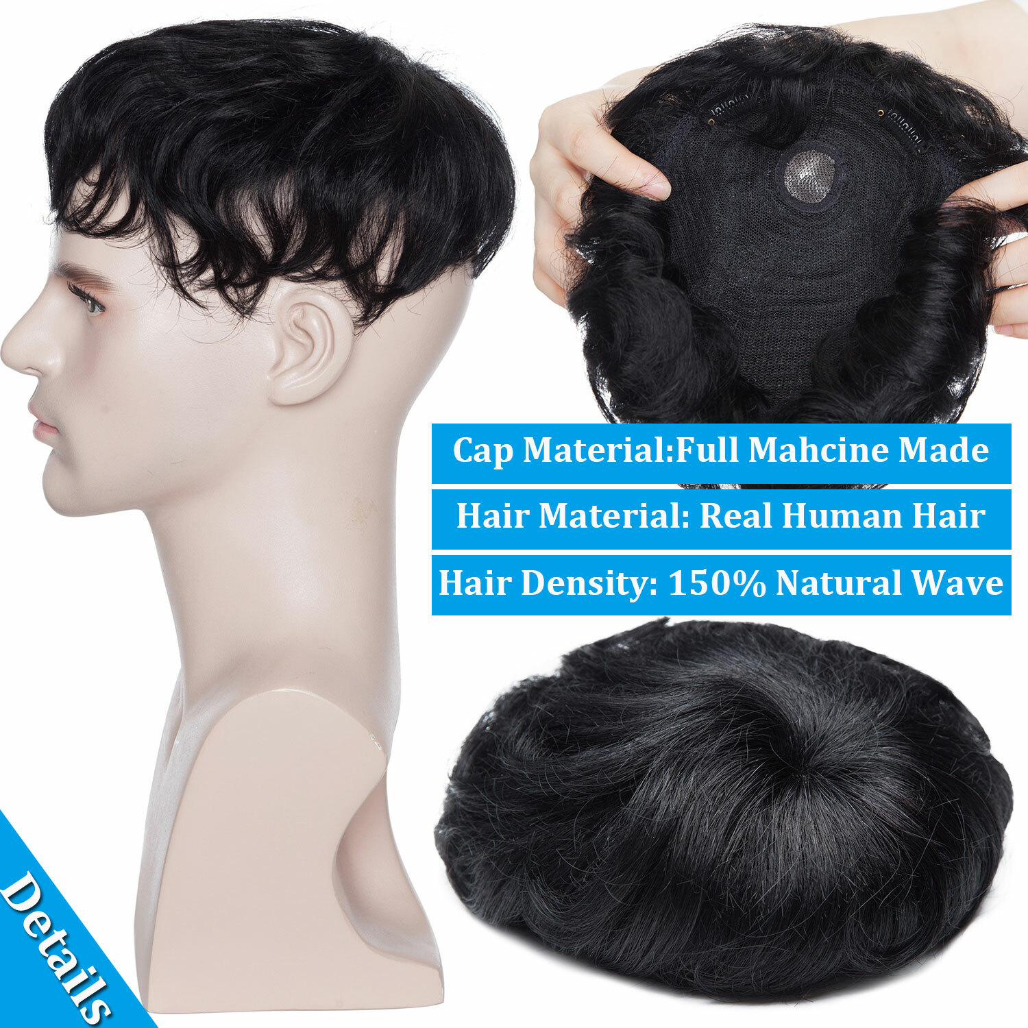 Mono PU Thin Skin Toupee Remy 100% Human Hair Hairpiece Wig Replacement System H