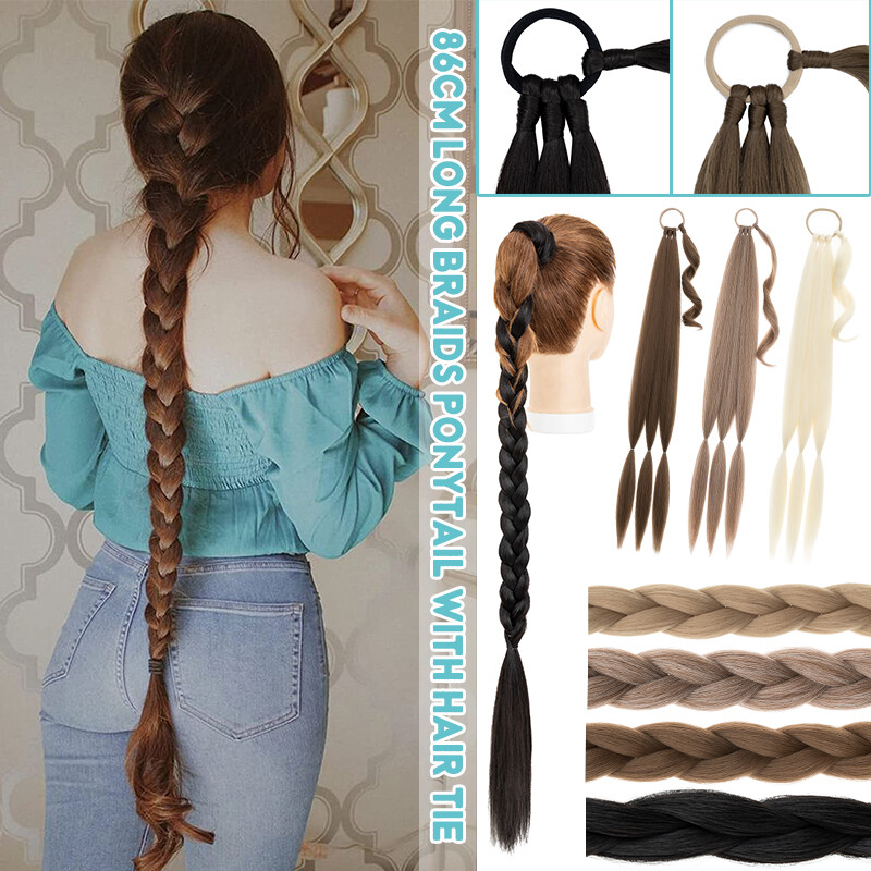 34″ Long Thick Braids Ponytail Box Braiding Pony Tail Wrap On Hair Extensions US