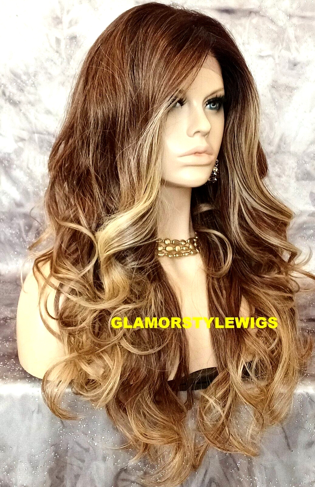 FREE PART LACE FRONT FULL WIG LONG WAVY LAYERED OMBRE BROWN GOLDEN BLONDE MIX NW
