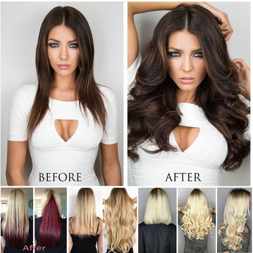 US Real Thick Smooth Clip in Hair Extensions Full Head Wavy Long as Human Ombre