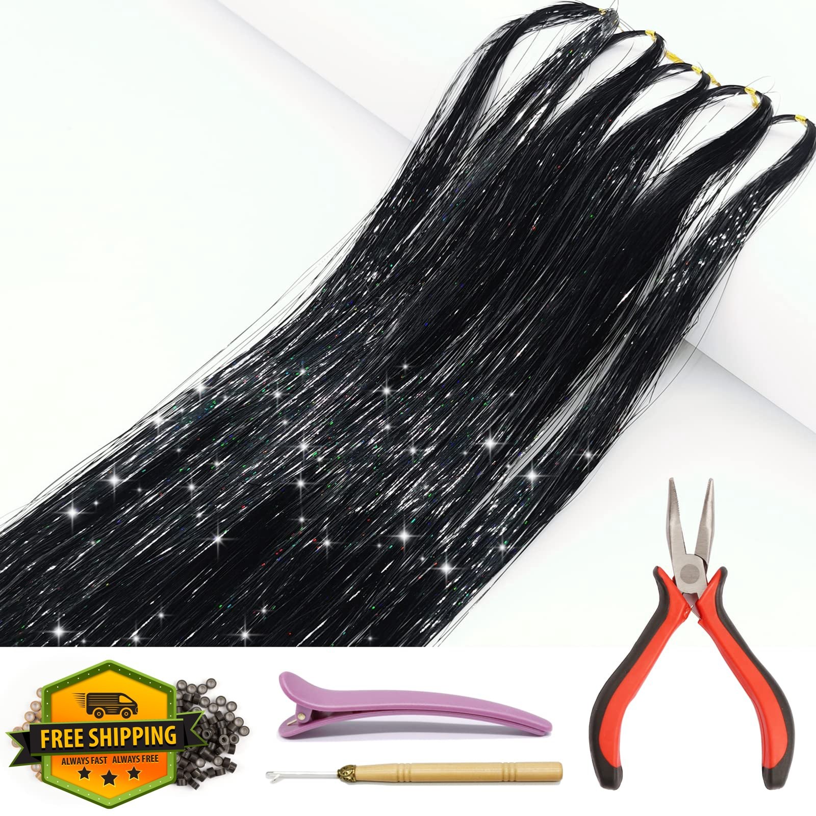 ONROCL Shining Black Hair Tinsel Kit 1000 Strands
