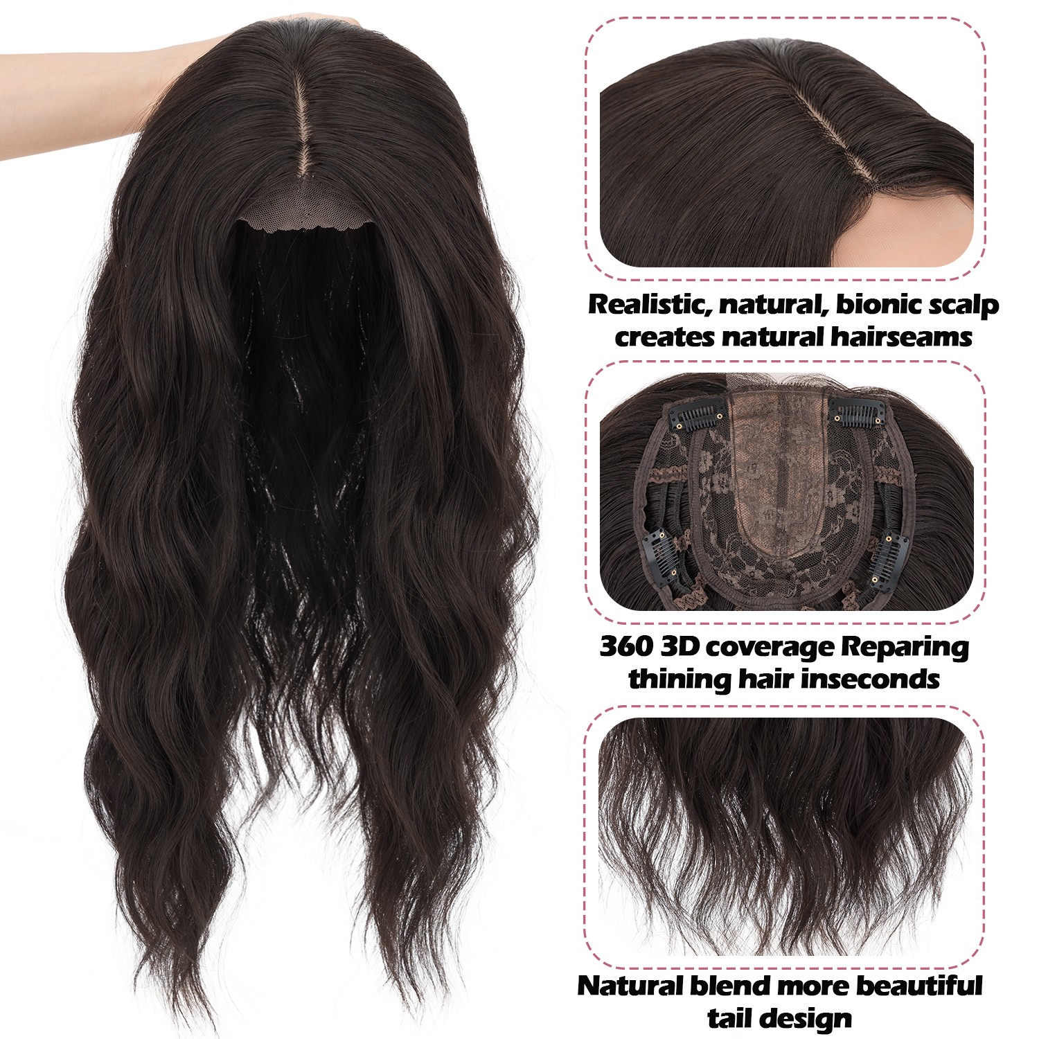Free Part Women Topper Real AS Human Hair Toupee Clip in Water Wave Hairpiece US