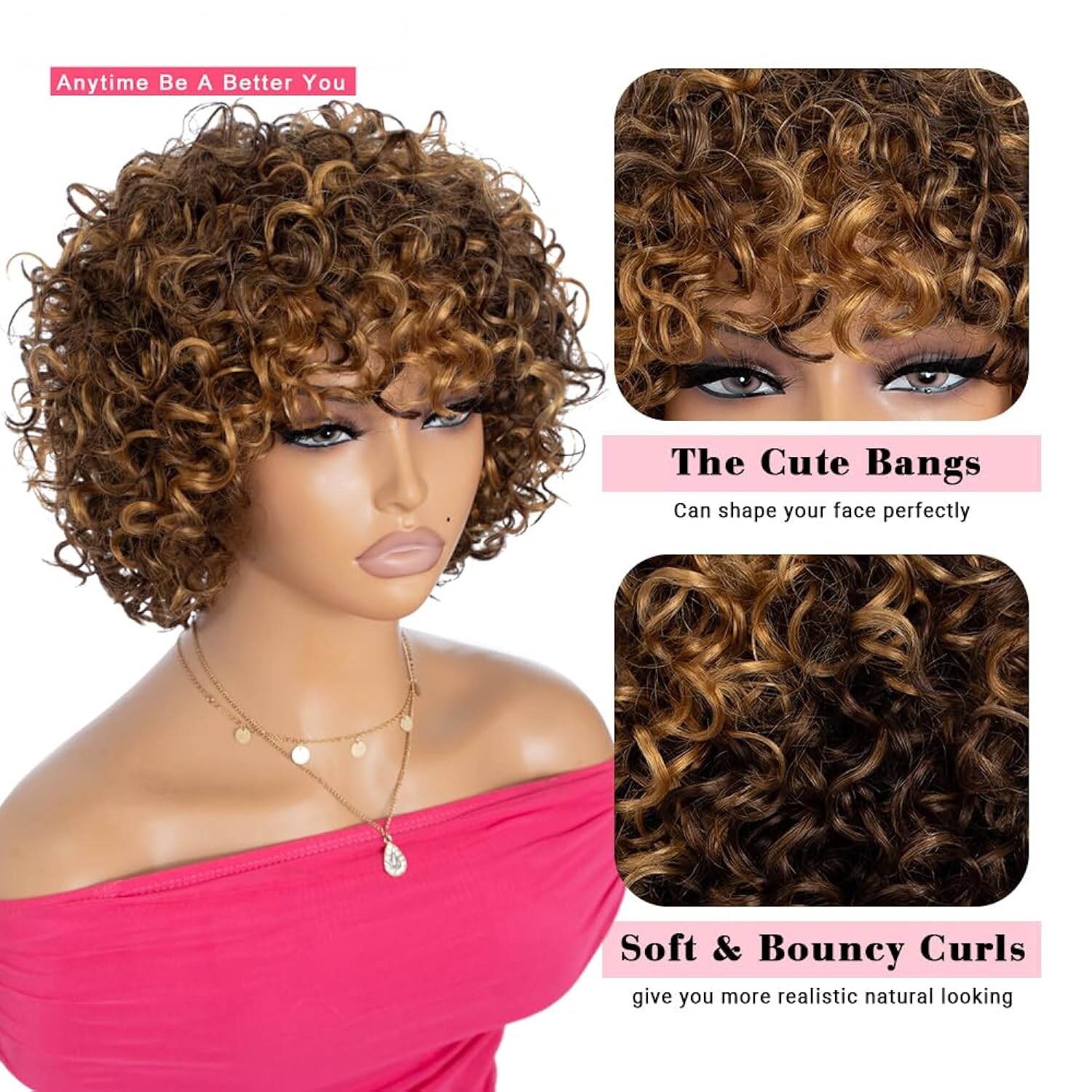 8 Inch Highlight Brown Curly Wig with Bangs, Glueless, Brazilian Hair