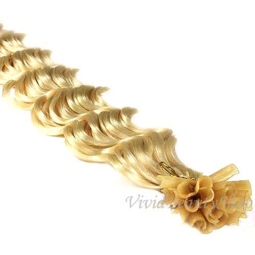 50 U Tip Fusion Deep Wave Curly Remy Human Hair Extensions Light Ash Blonde #22