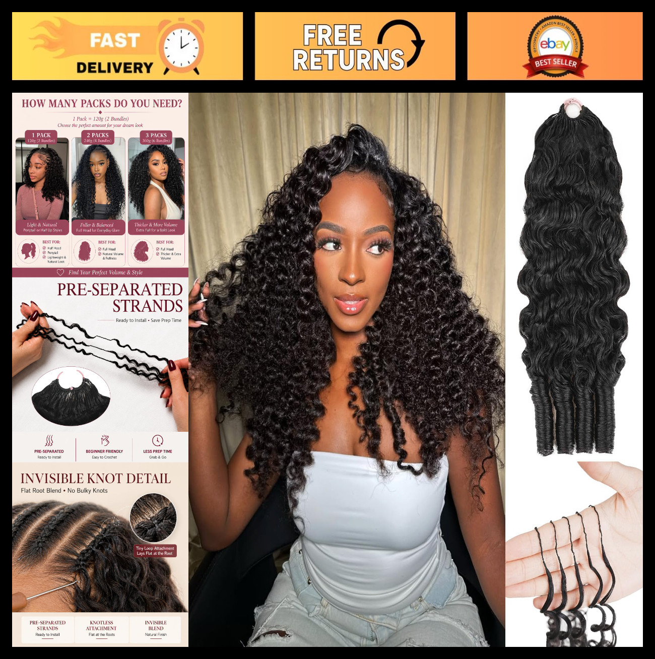 18″ Curly Crochet Hair for Black Women – Pre-Separated Knotless Bundles, Reusabl