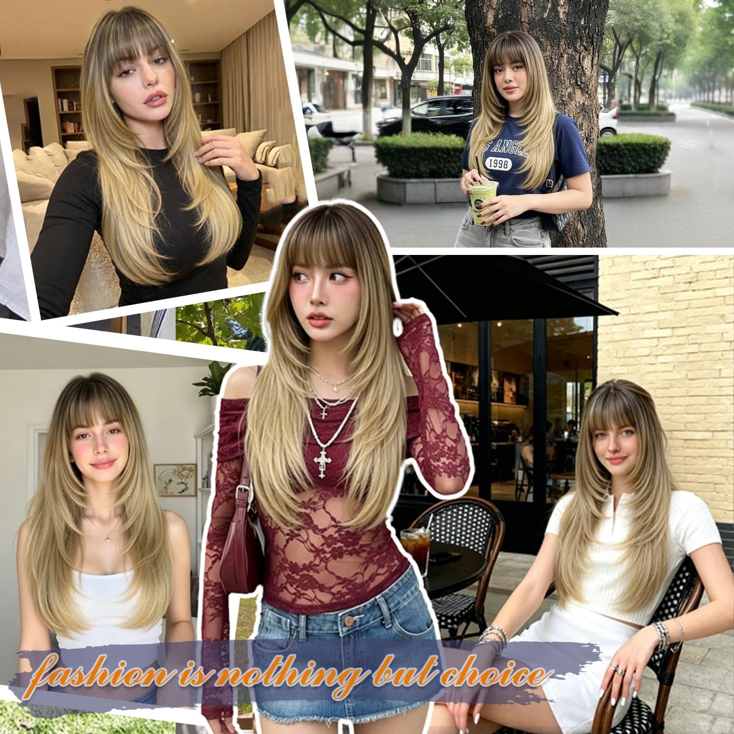 Ombre Blonde Layered Wig with Bangs 26 Inch Long Wavy Blonde Wigs for Women H…