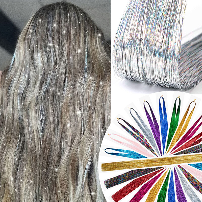 US Hair Tinsel Extension 12 Colors 47 Inch 200 Strands Fairy Holographic Sparkle