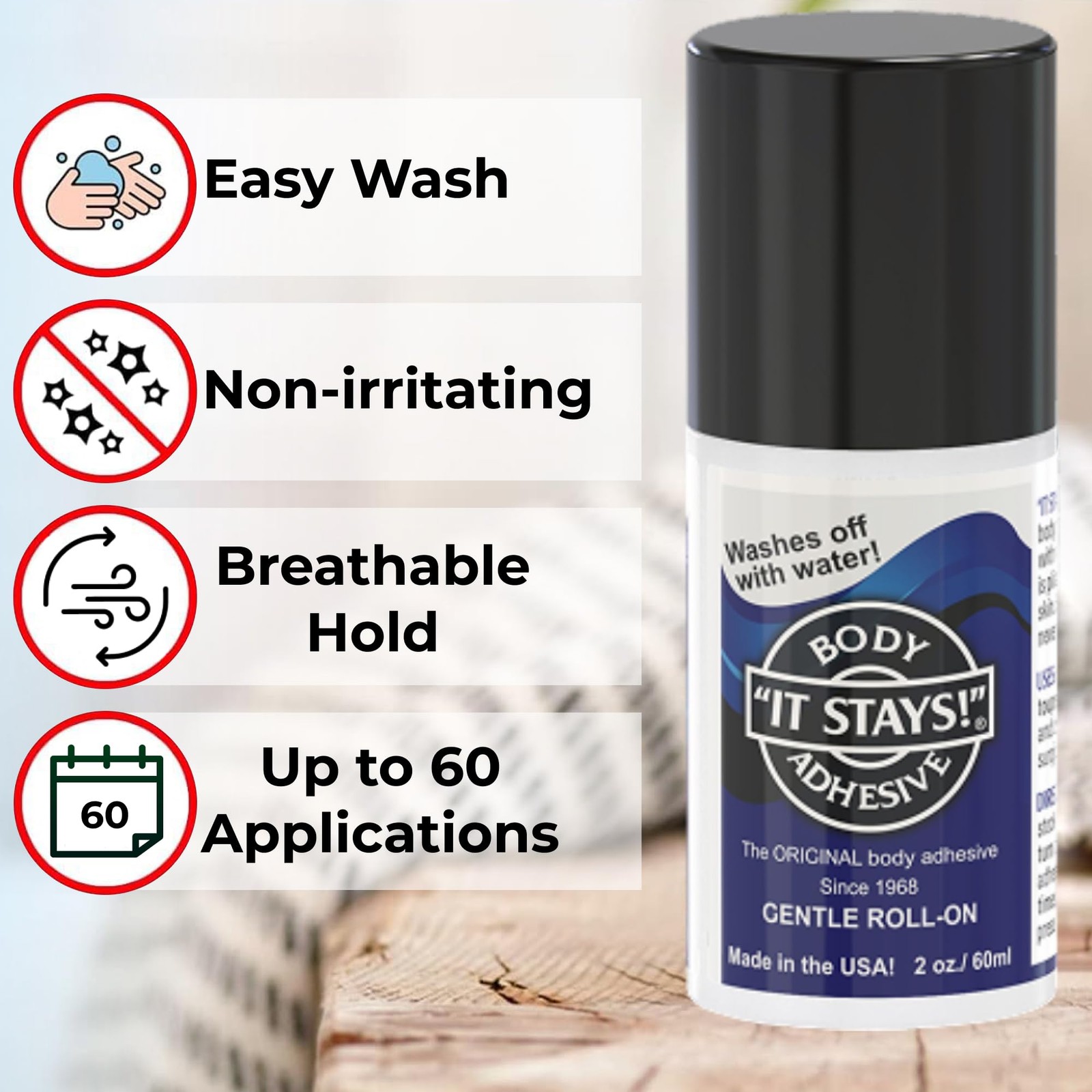 ABSOLUTE SUPPORT It Stays! Roll-On Body Fixative Glue 2 oz Adhesive – Made in US