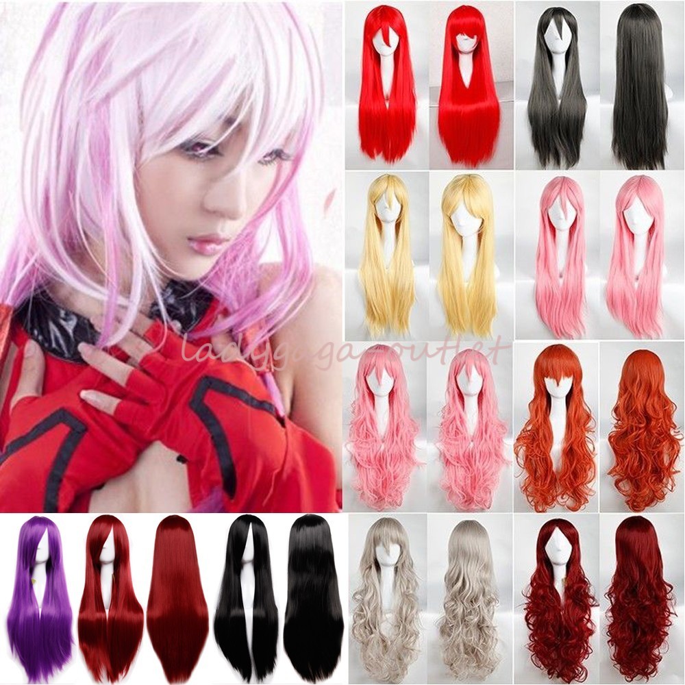 60-100cm Women Cosplay Wig Long Straight Wavy Anime Costume Full Wig Pink Purple
