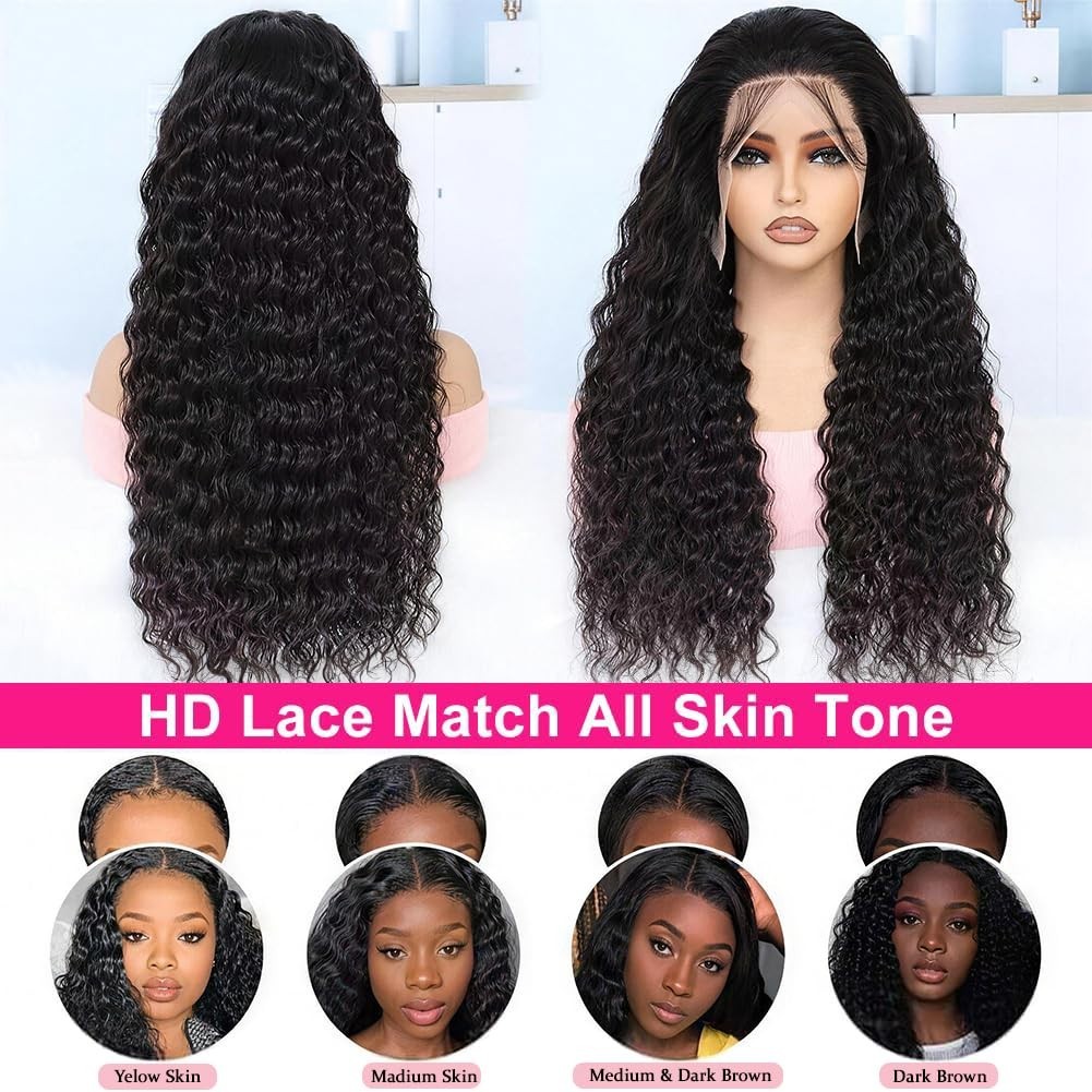 30″ 13×6 Deep Wave Lace Front Wig – 200 Density HD Lace, Pre-Plucked, Glueless,