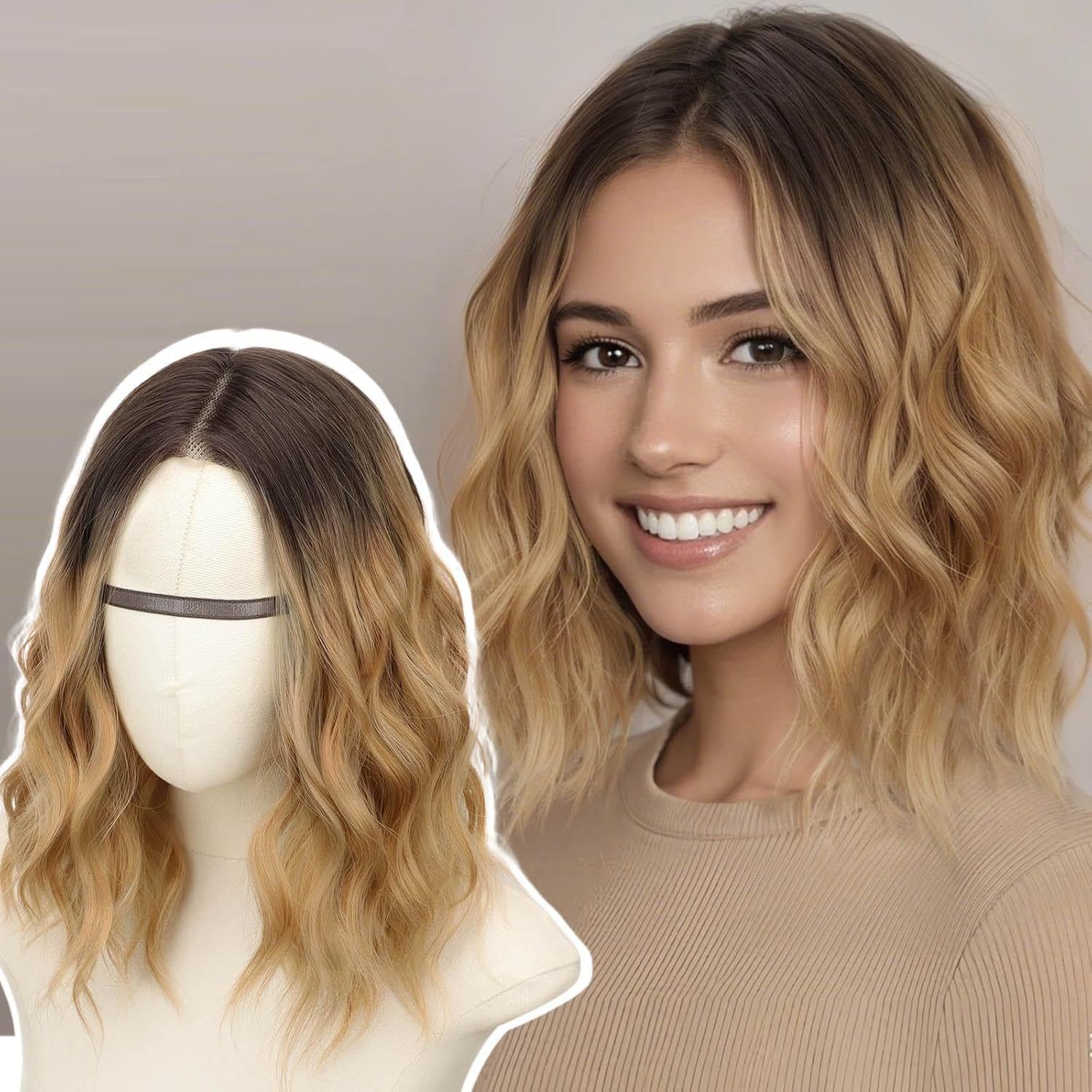 T Part Lace Front Wig Ombre Brown Water Wave Curly Wig Heat Resistant Synthetic