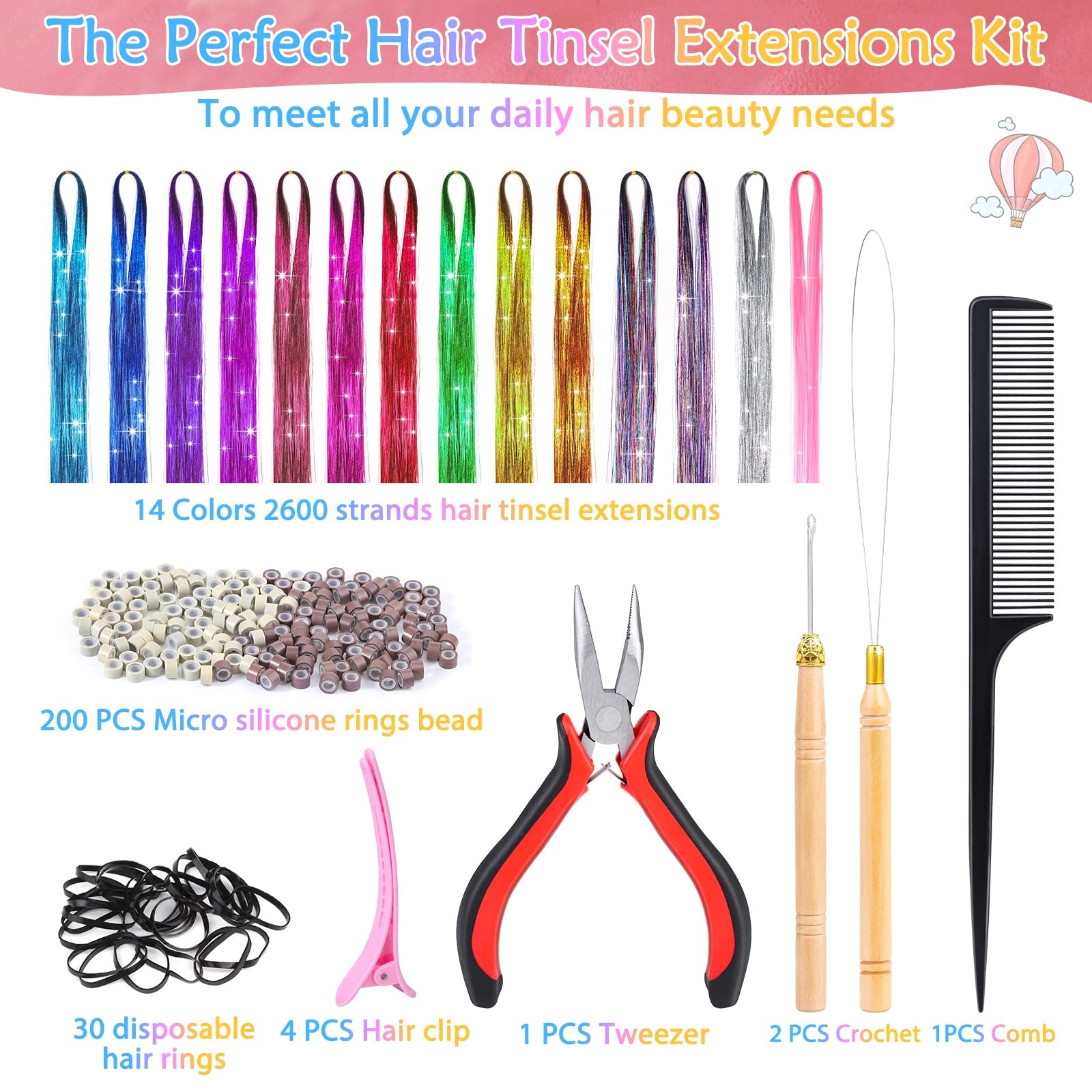 14 Colors 47 Inch, 14 2800 Strands with 200 Pcs Beads and 1 Set Tools