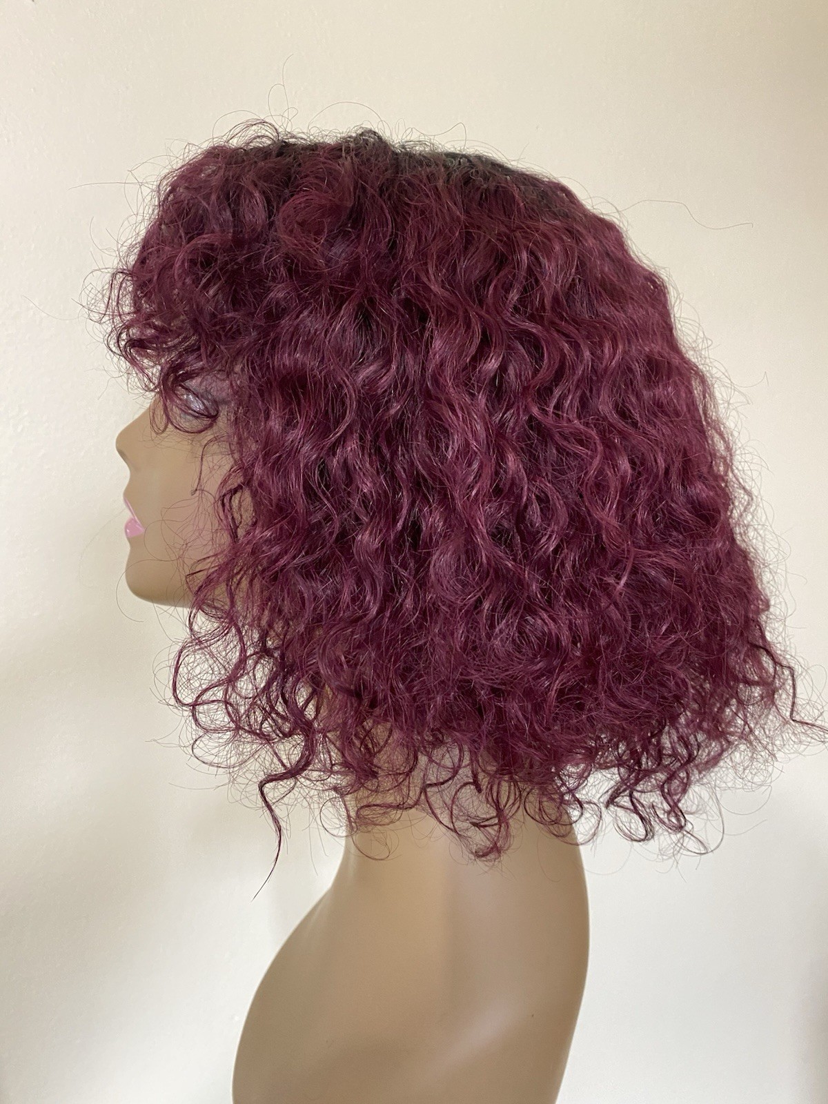 Curly Human Hair Bob Wig with Bangs Ombre Burgundy TT1B/99J Non Lace Glue-Less