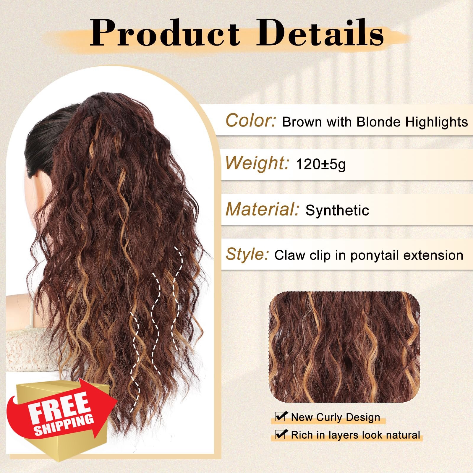 Stamped Glorious 18″ Curly Brown Blonde Ponytail Extension
