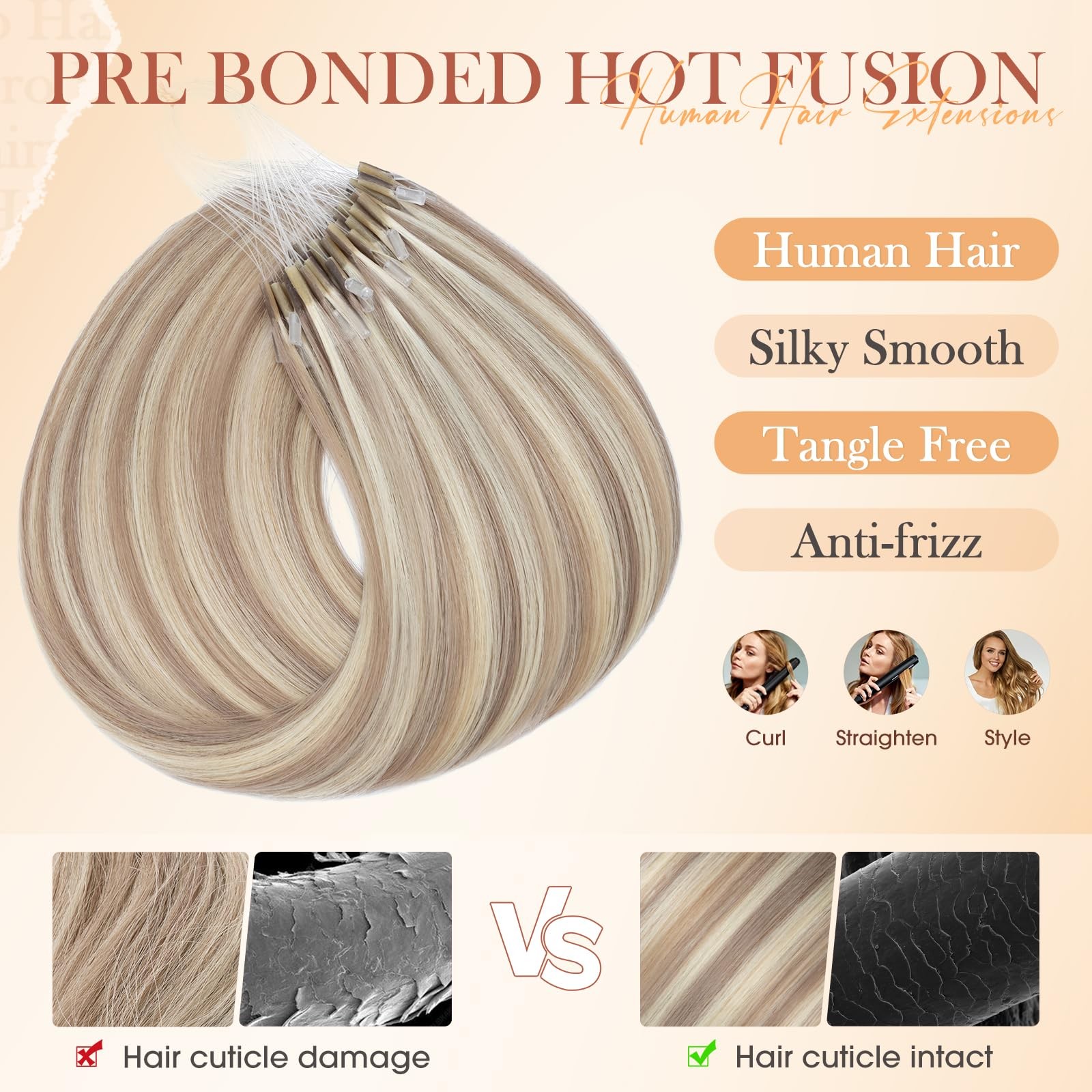 Hairro U Tip Human Hair Extensions Micro Ring Keratin Glue Hot Fusion Remy Hair