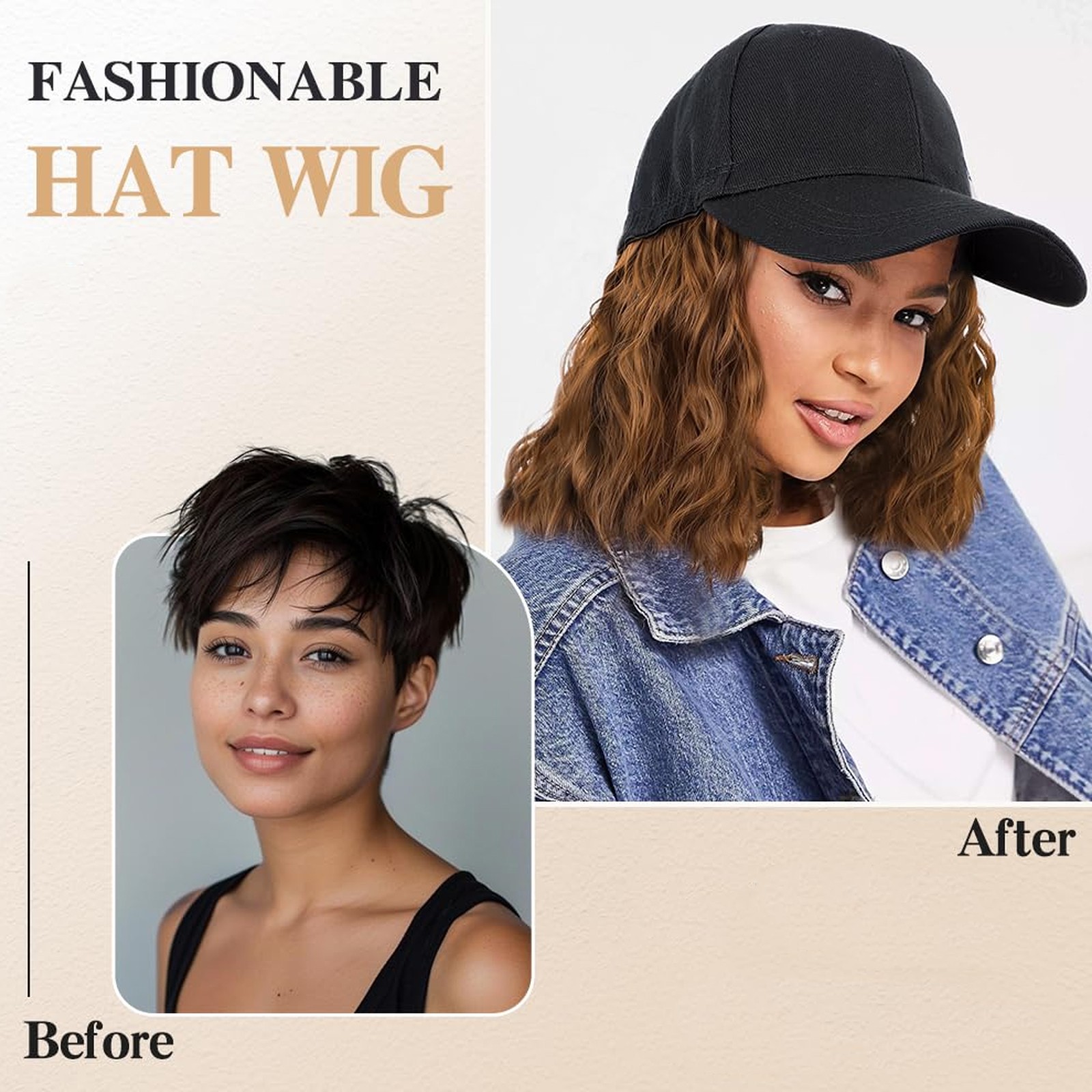 Women long Wavy Wig Baseball Cap With Synthetic Hair Adjustable Dad Hat Natural