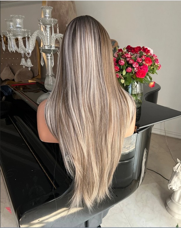 Straight Blonde Mixed Brown With Dark Roots Lace Front Wig 100% Human Hair Wig