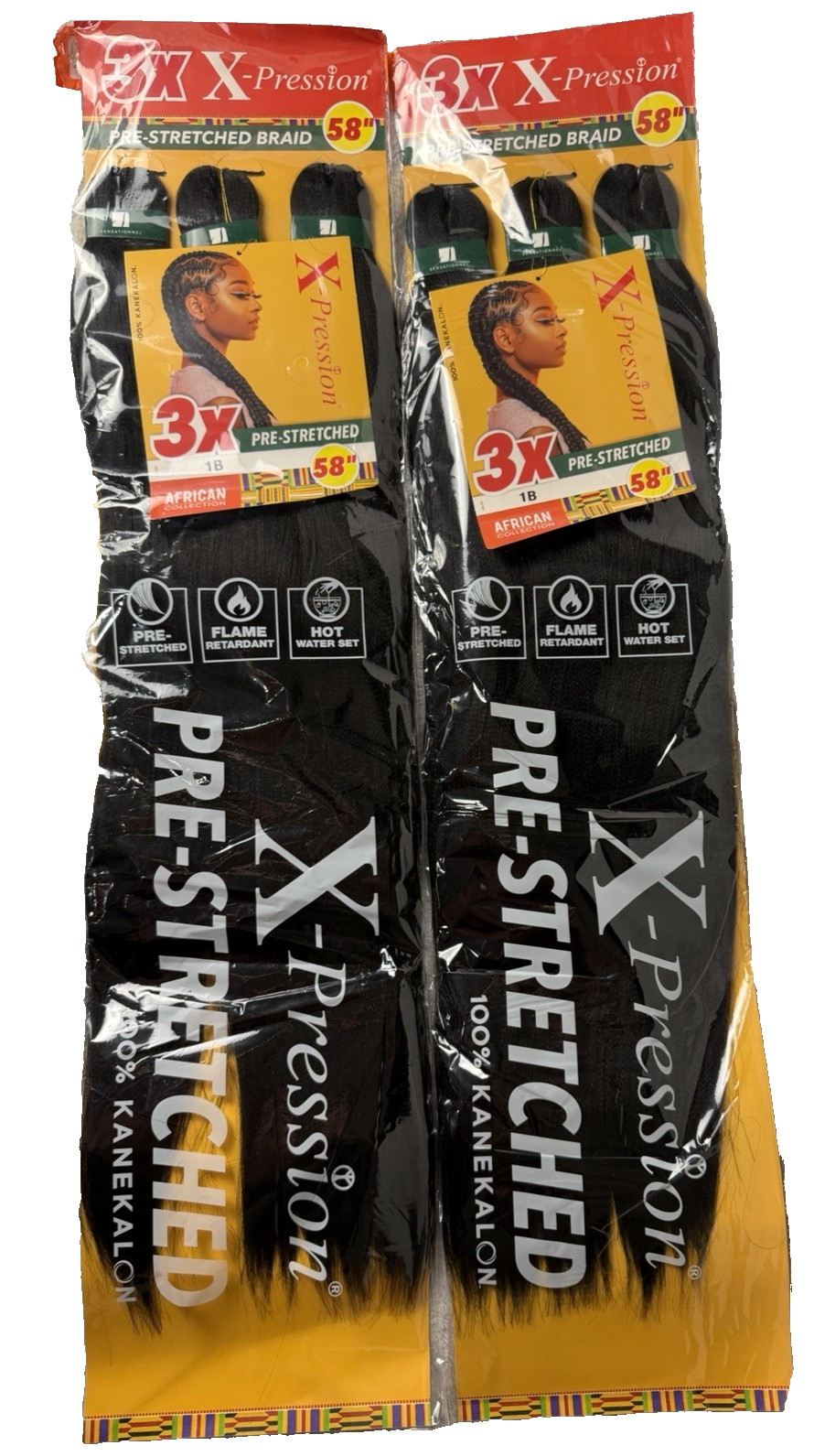 2 pk Sensational 3X X-pression Pre-stretched Braid 58″ 1B 100% Kanekalon