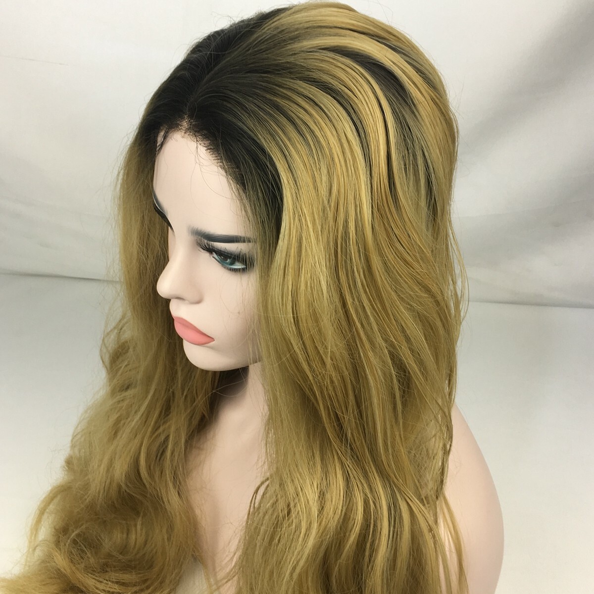 24inches Long Big Wavy Curly Black Ombre Blonde Color Synthetic Lace Front Wigs