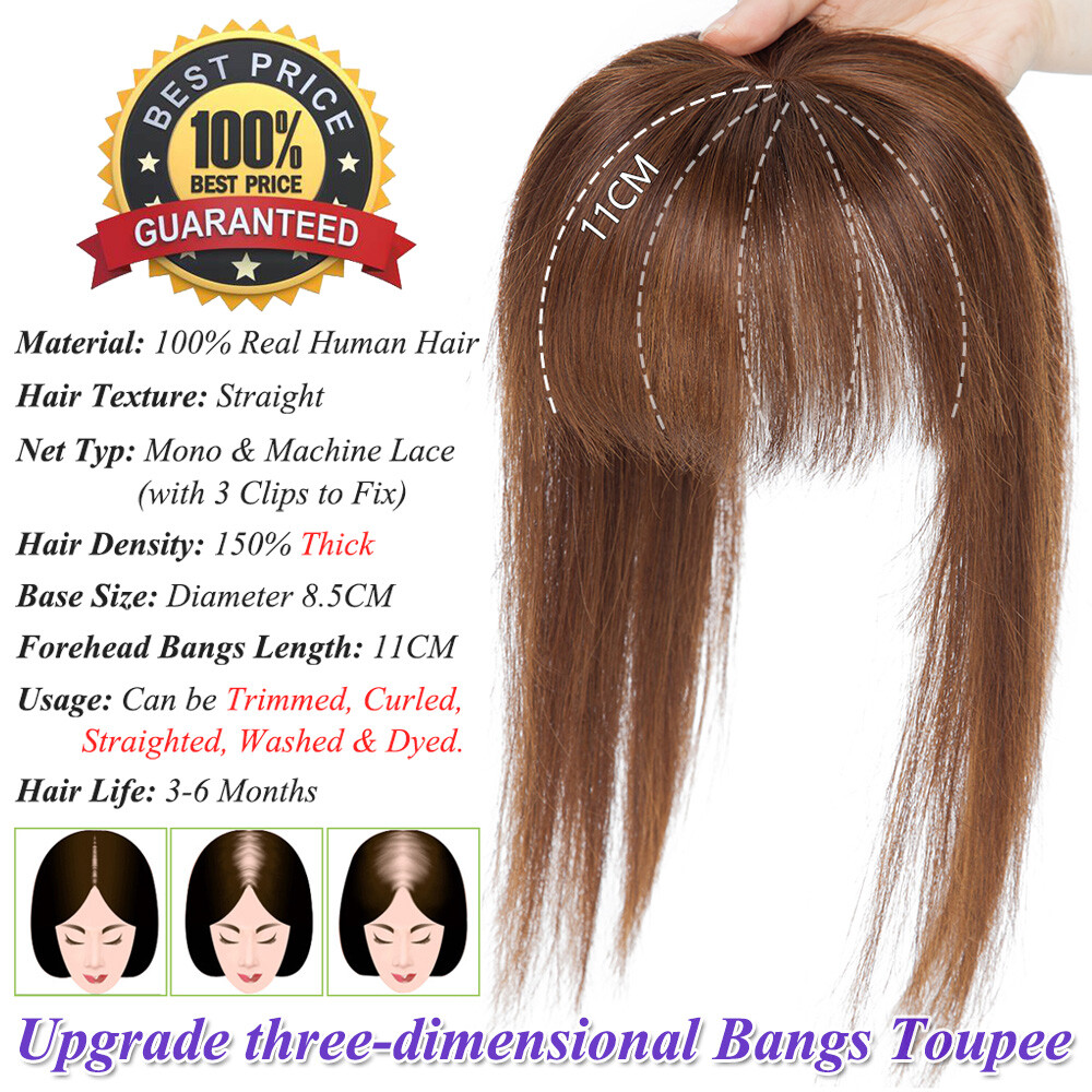 Women 100% Remy Human Hair Mono Topper With Bangs Clip In Hairpiece Toupee Wigs
