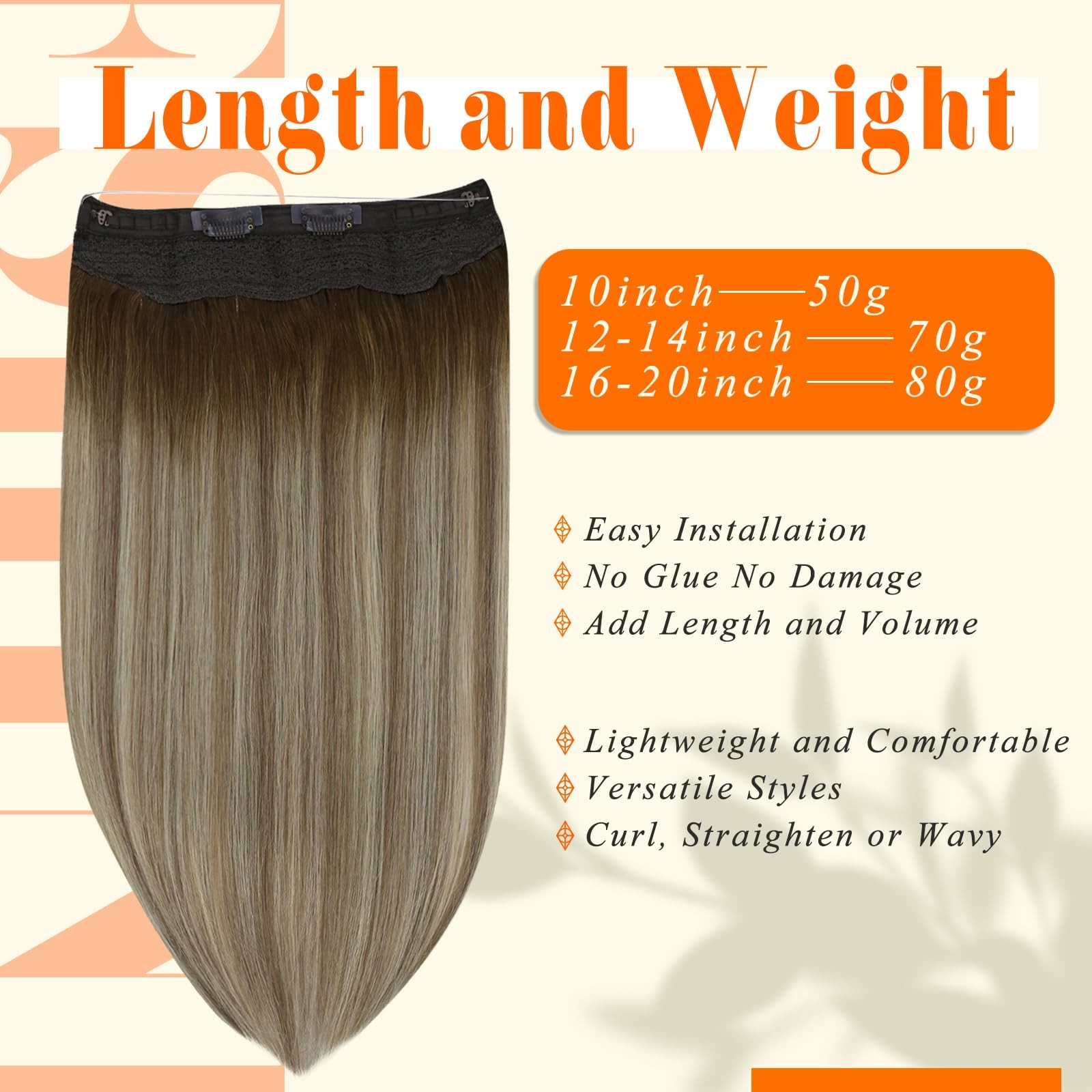 20 Inch Balayage Brown Blonde Real Human Hair Wire Extensions Easy Install