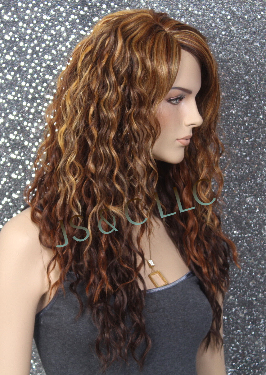 Human Hair Blend Full Wig HEAT SAFE Long Spanish Wavy Layers HDF Brown Gold 4/33