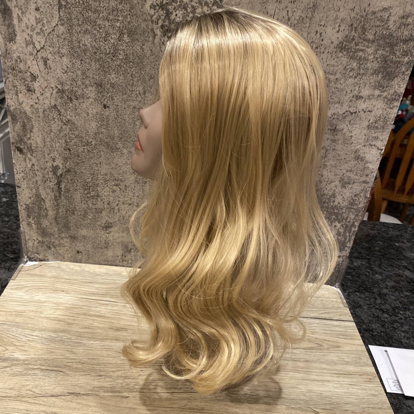 Long hair synthetic topper blonde wavy hair -brown roots- No Bangs rooted blonde