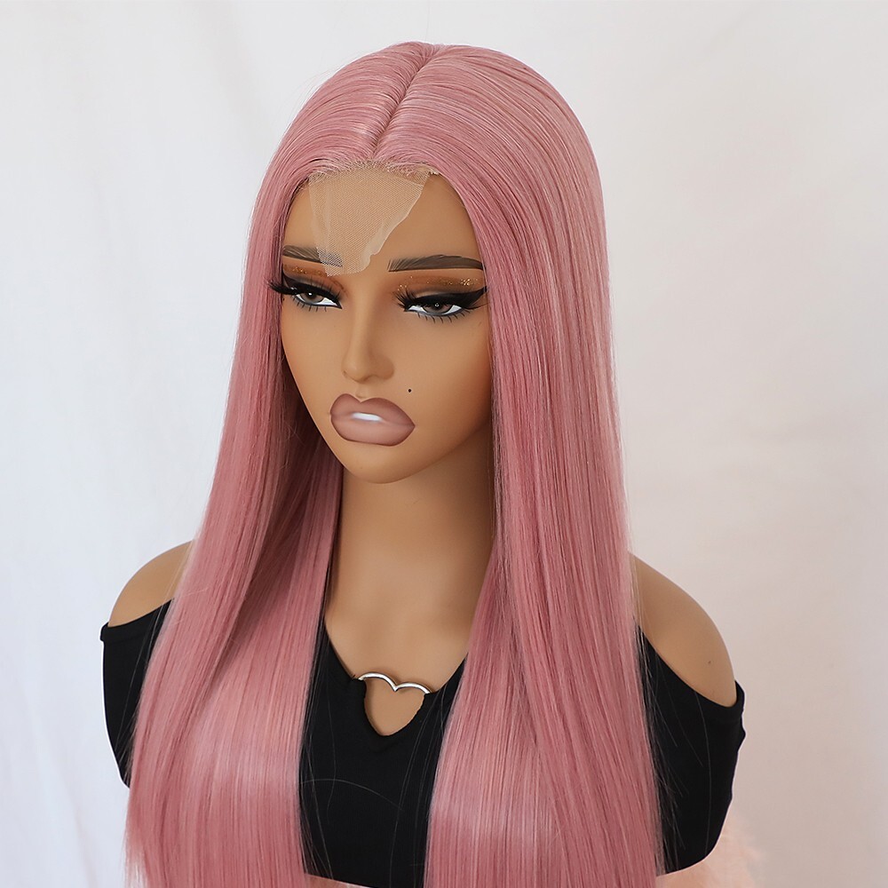 Synthetic Lace Frontal Wigs Long Straight Pink Hair Heat Resistant Women Party