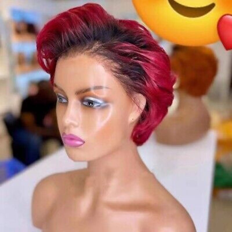 1B/99J Burgundy Pixie Cut Bob Wig Straight Lace Front Wigs Human Hair Short Bob