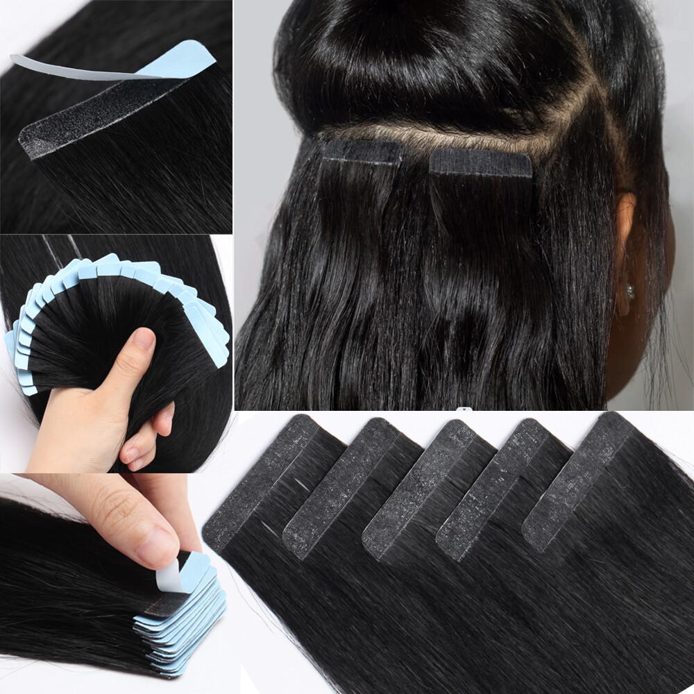 40PCS 100% Human Hair Extensions Tape in Skin Weft Thick Full Head Black Virgin