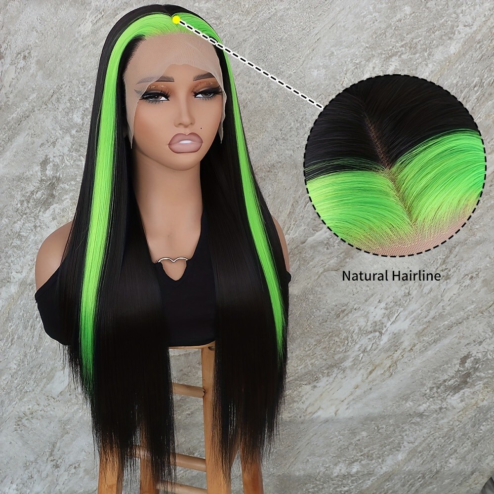 Green Highlight Black Skunk Stripe Frontal Lace Wigs Synthetic Glueless Straight