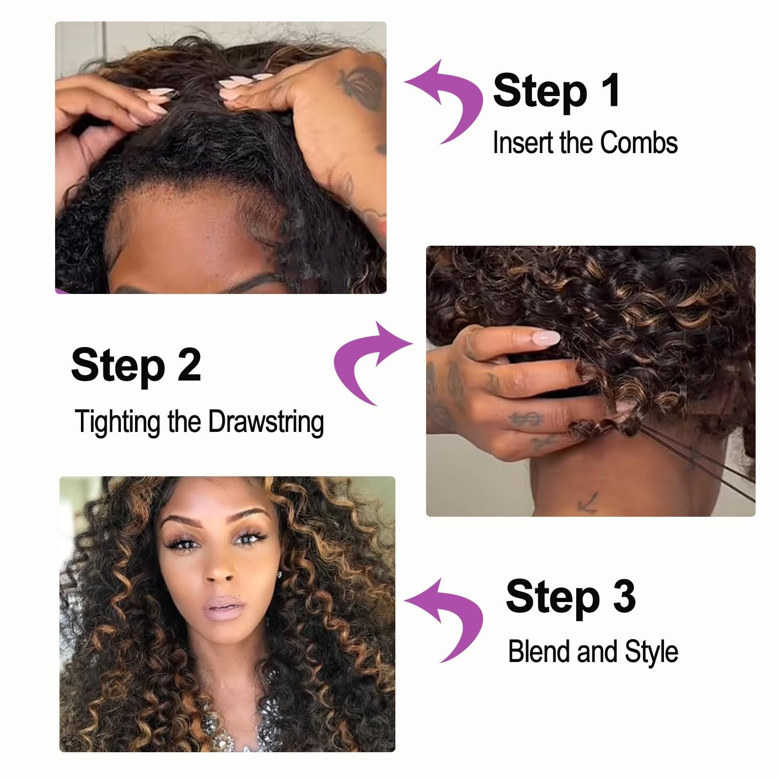 Glueless Human Hair Half Wig 28″ 200 Density Curly Drawstring 1B/30 Highlights