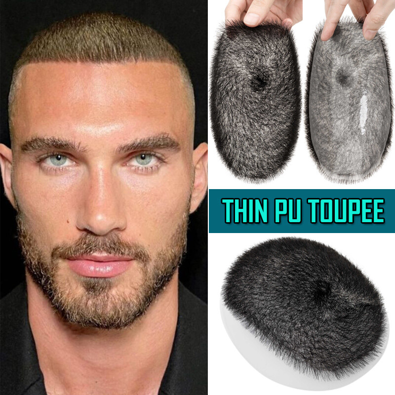 Men Short 1cm Buzz Cut Hair Thin Skin Toupee Human Hair Scalp Replacement System