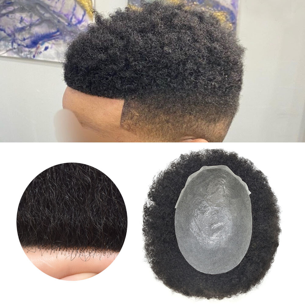 Afro Curl Mens Toupee Thin Skin Pu African American Hair System Replacement