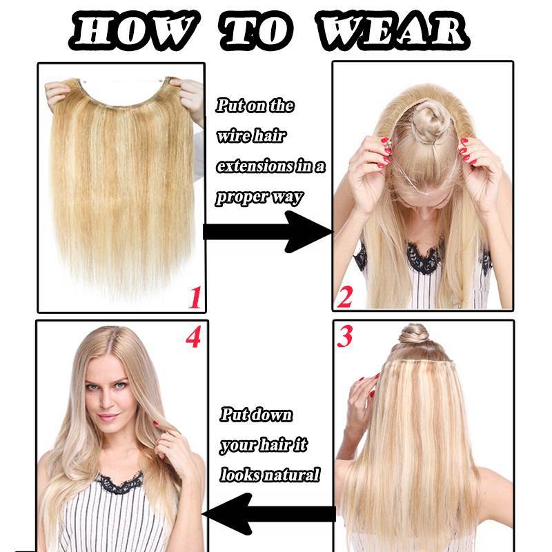 Thick Hidden Weft Wire In One Piece Remy Human Hair Extensions No Clip Balayage