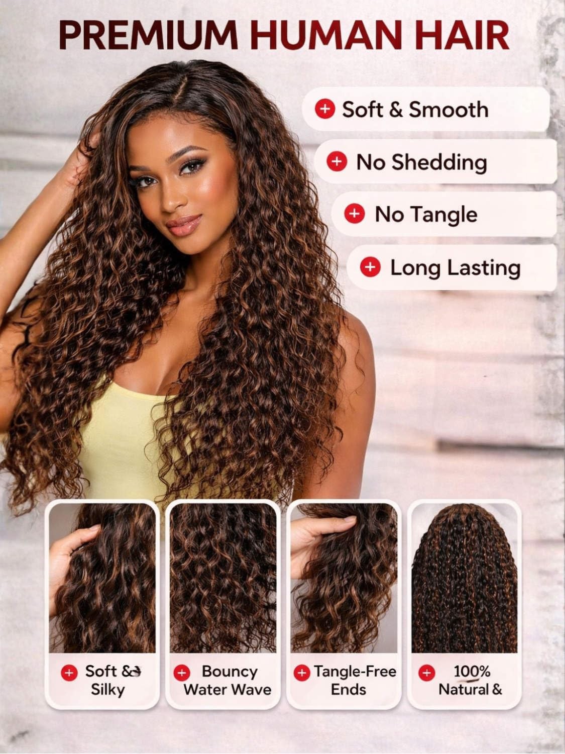 Beauty 18 Inch, Golden Brown Highlight | 7×5 Lace Closure Water Wave Wig
