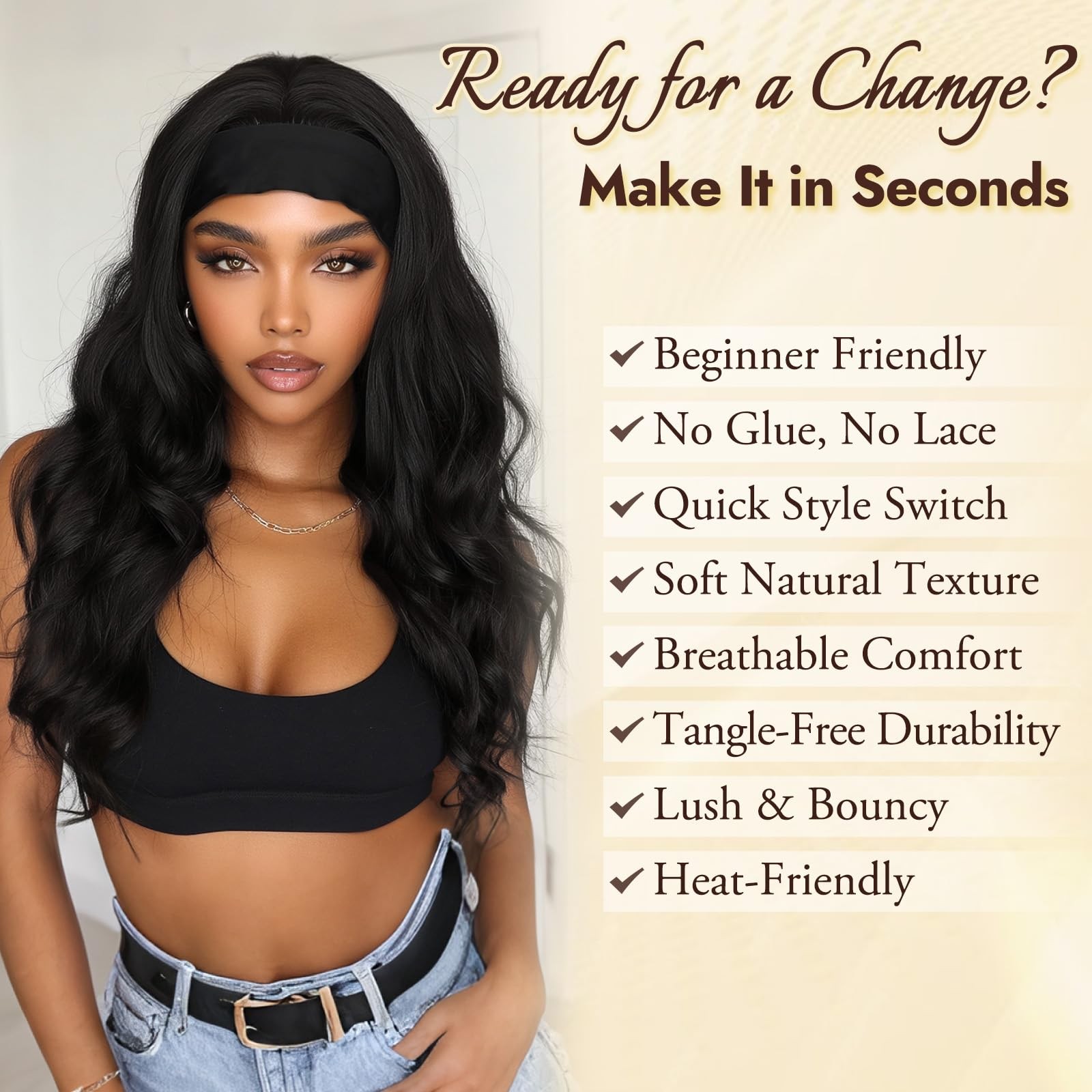 Body Wave Headband for Black , Kinky Straight Yaki 22 Inch Wear & Go Glueless…