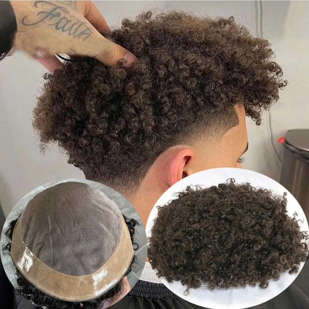 8mm Afro Toupee Man Weave Unit Black Mens Kinky Curly 100% Human Hair Hairpieces