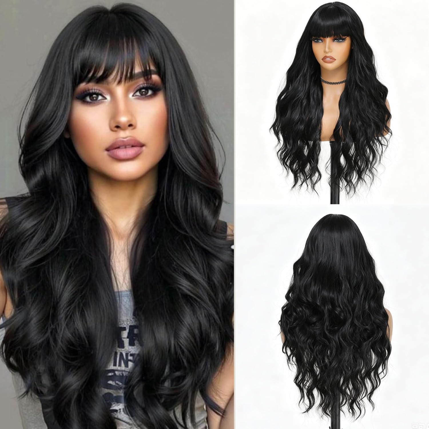 Black Wig with Bangs for Women, Long Wavy Black Wig 26 Inch Wigs Heat Resista…