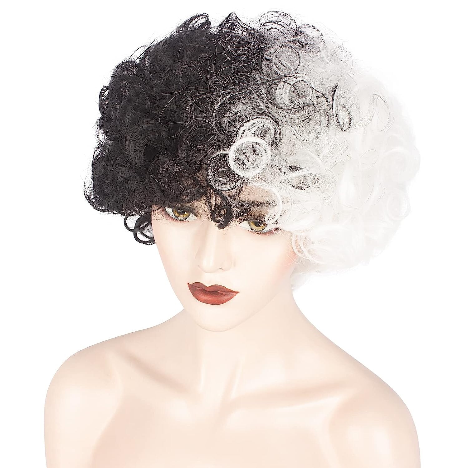 Short Afro Black and Blonde Wig for Women Cruella Deville Costume Cosplay Hal…
