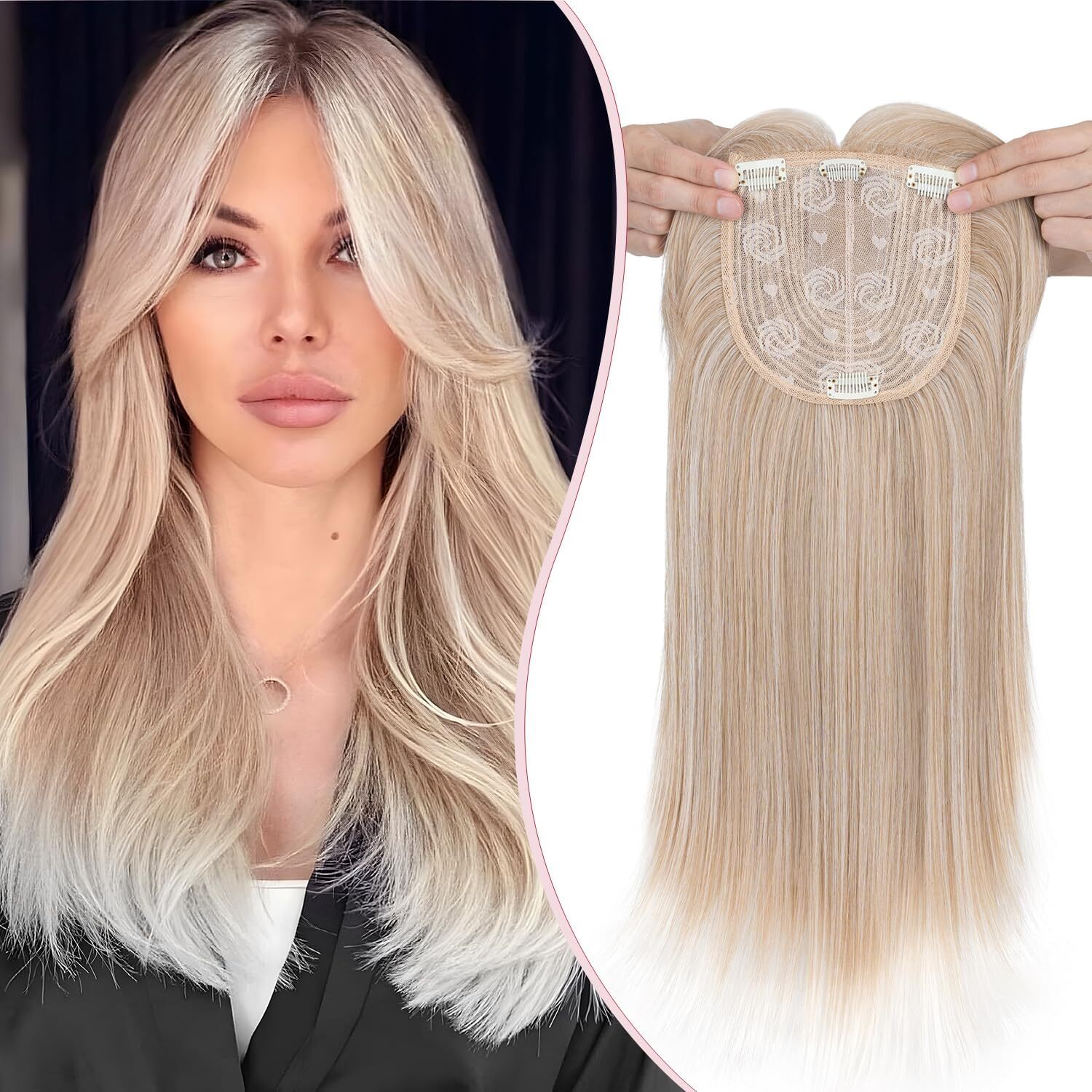 Topper Hairpiece Clip In 100% AS Human Hair Silk Base Toupee Natural Wig Women