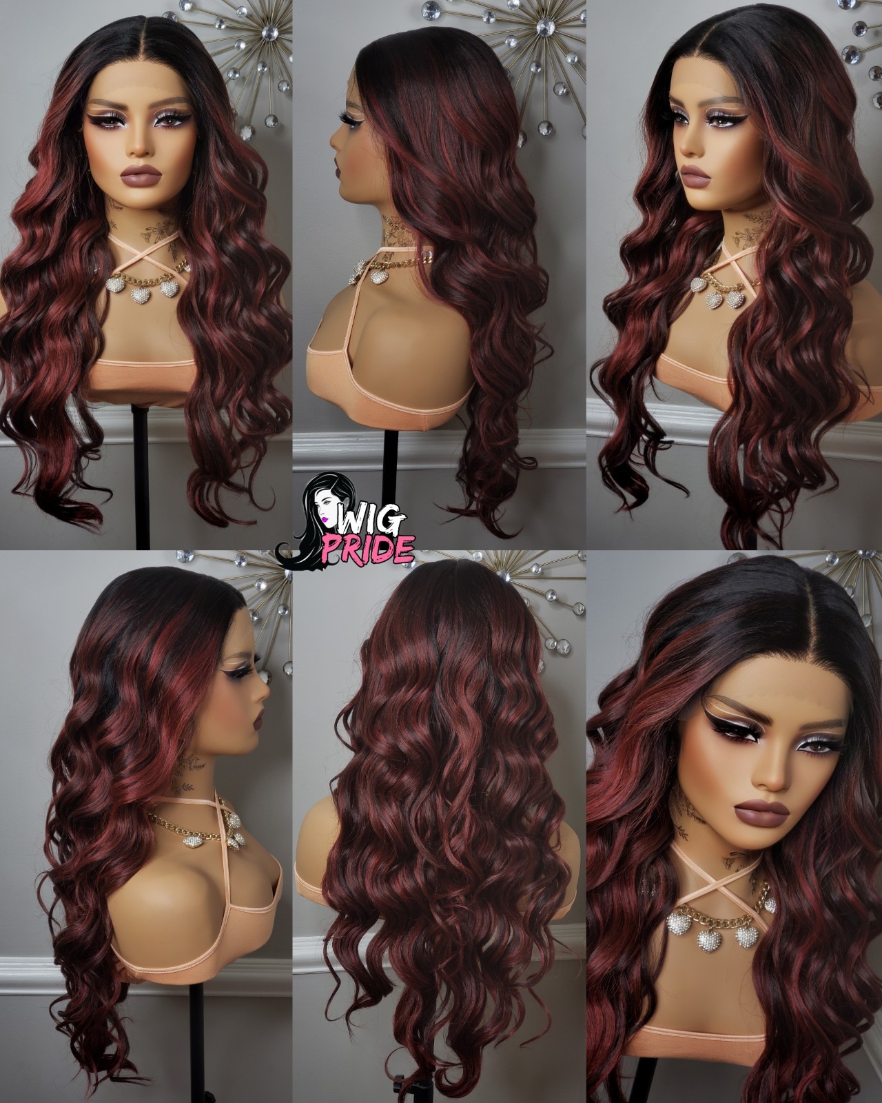 New Long Wavy Red Burgundy Wine Lace Front Wig Curly Style Womens Fashion Hair