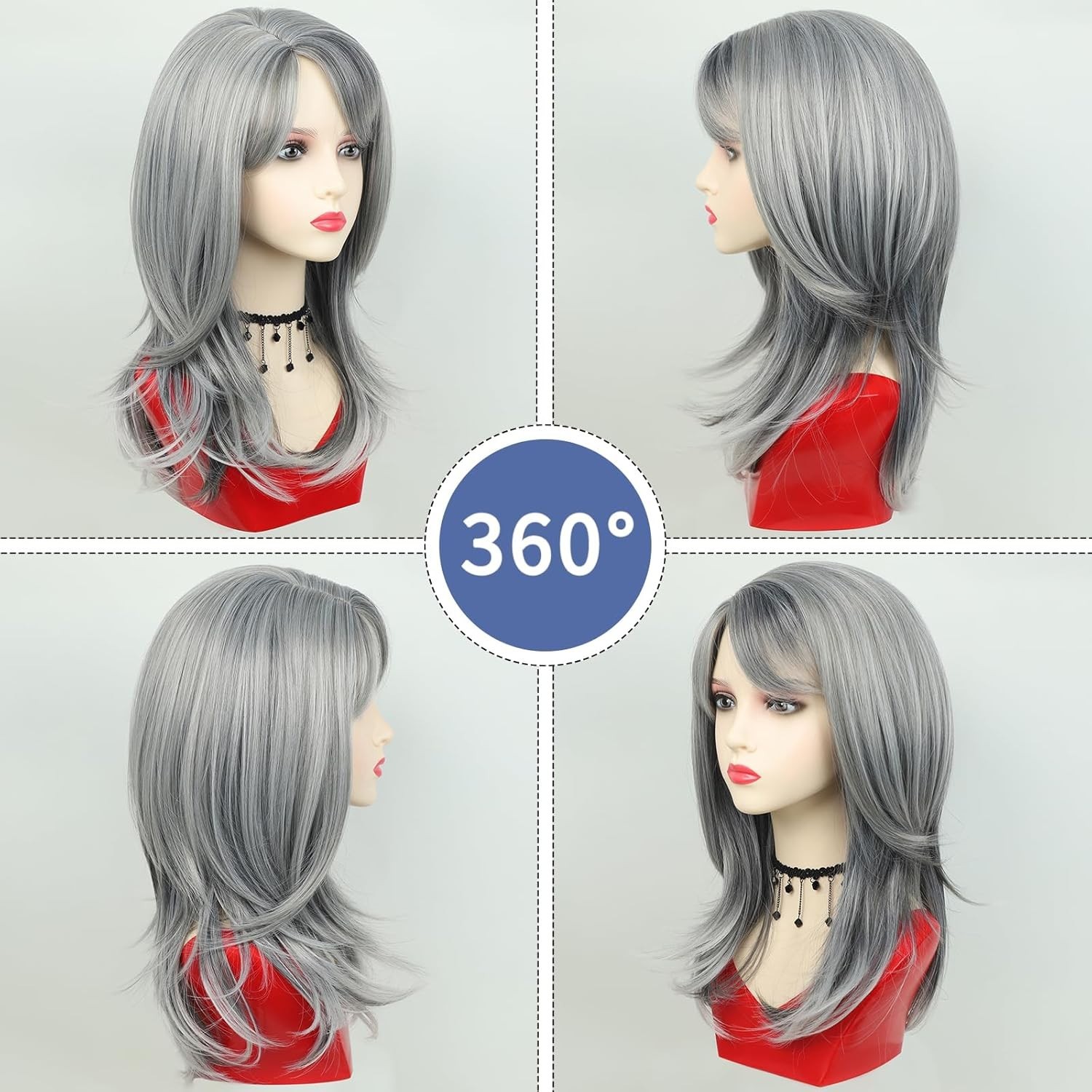 Silver Grey Wavy Wig for Women Medium Length with Bangs and Adjustable Straps