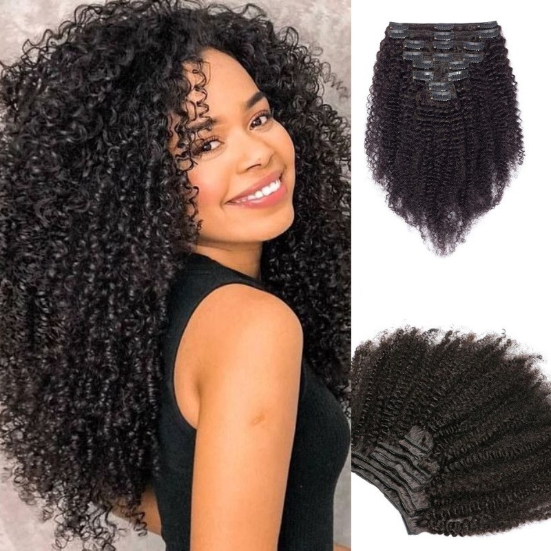 8-24″ Afro Kinky Curly Brazilian Human Hair Clip in Extensions Full Set Black