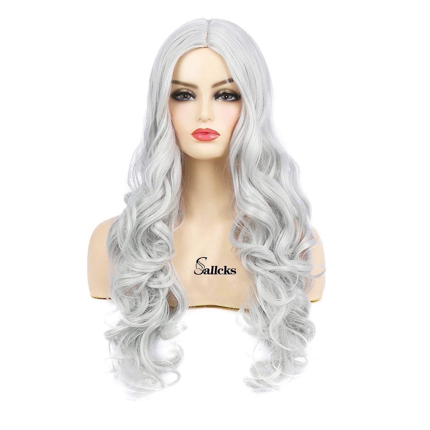 Women’s Long Curly Wavy Silver Gray Wigs Cosplay Costume Halloween Wigs Synth…