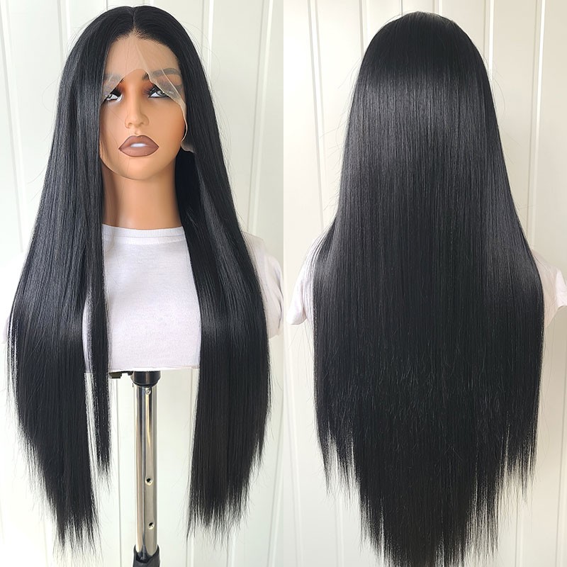 Heat Resistant Synthetic Hair Frontal Lace Wig Layered Black Long Straight