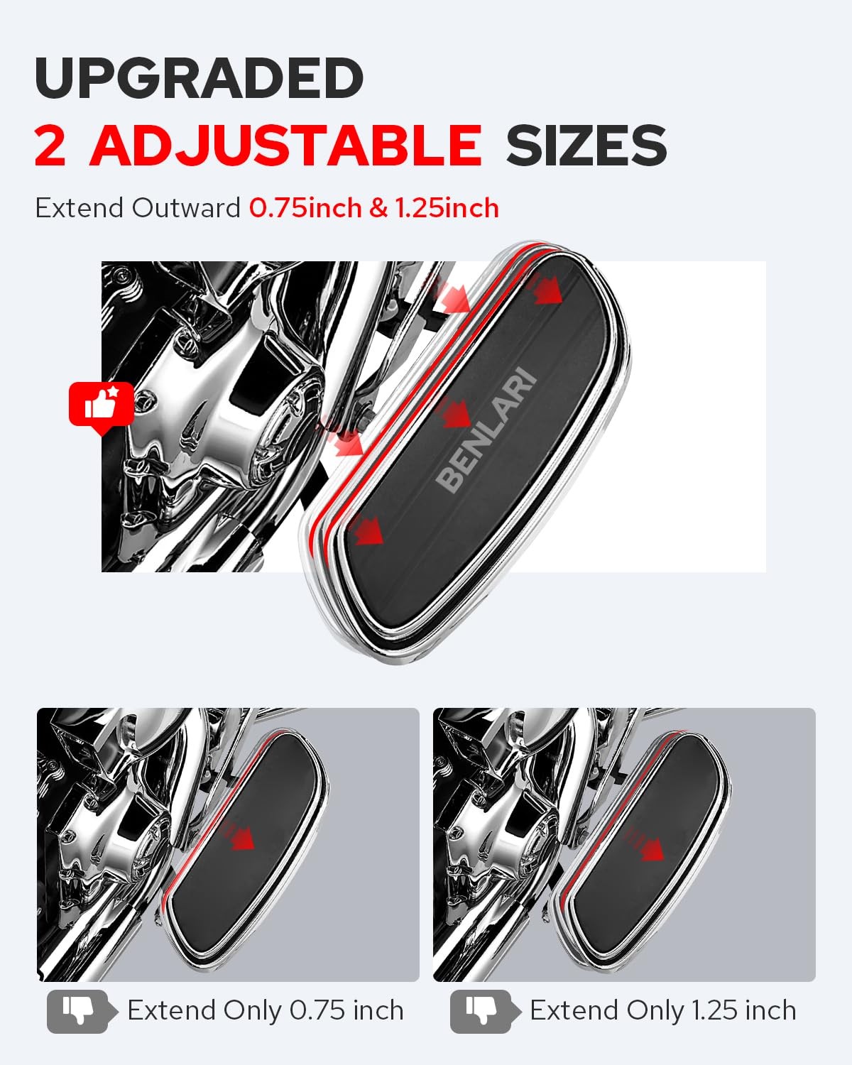 Benlari 0.75inch &1.25inch Driver Floorboard Extensions, Chrome