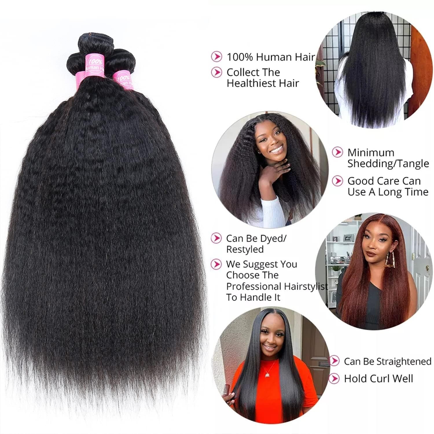 18-22″ Human Hair Kinky Straight 3x Bundles Yaki Straight 12A 100% Unprocessed