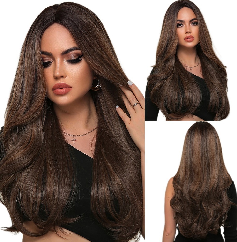 Mixed Brown Costume Wig Soft Long Wavy Synthetic Hair Heat Resistant
